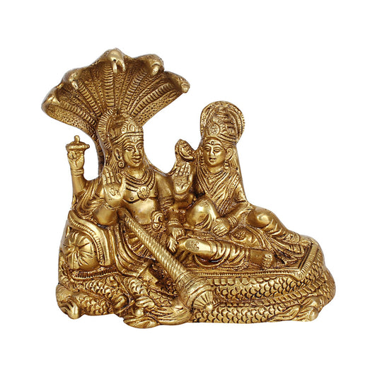 Brass Vishnu Laxmi Resting on Sheshnaag Lord Bhagwan Narayan Lakshmi Statue Idol Murti for Home Decor Mandir Pooja 7 Inch - SvarupArt