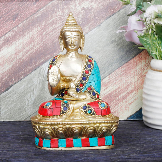 Brass Buddha Idol Statue Tibetan Buddhist Décor Height 7 Inch Weight 1 Kg Color Multicolor - SvarupArt