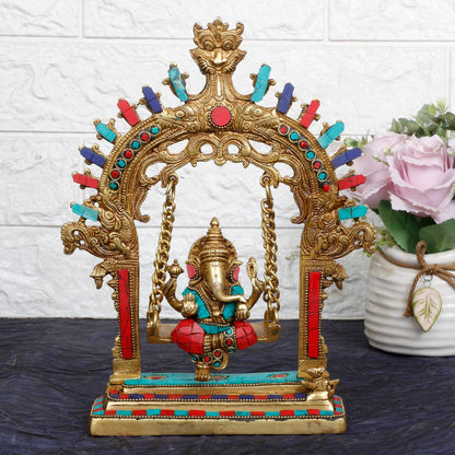 Brass Lord Ganesha Jhula Idol for Gift Ganpati Statue Puja Home Decor Office Decoration Vinayaka Murti Jhoola Swing 1... - SvarupArt