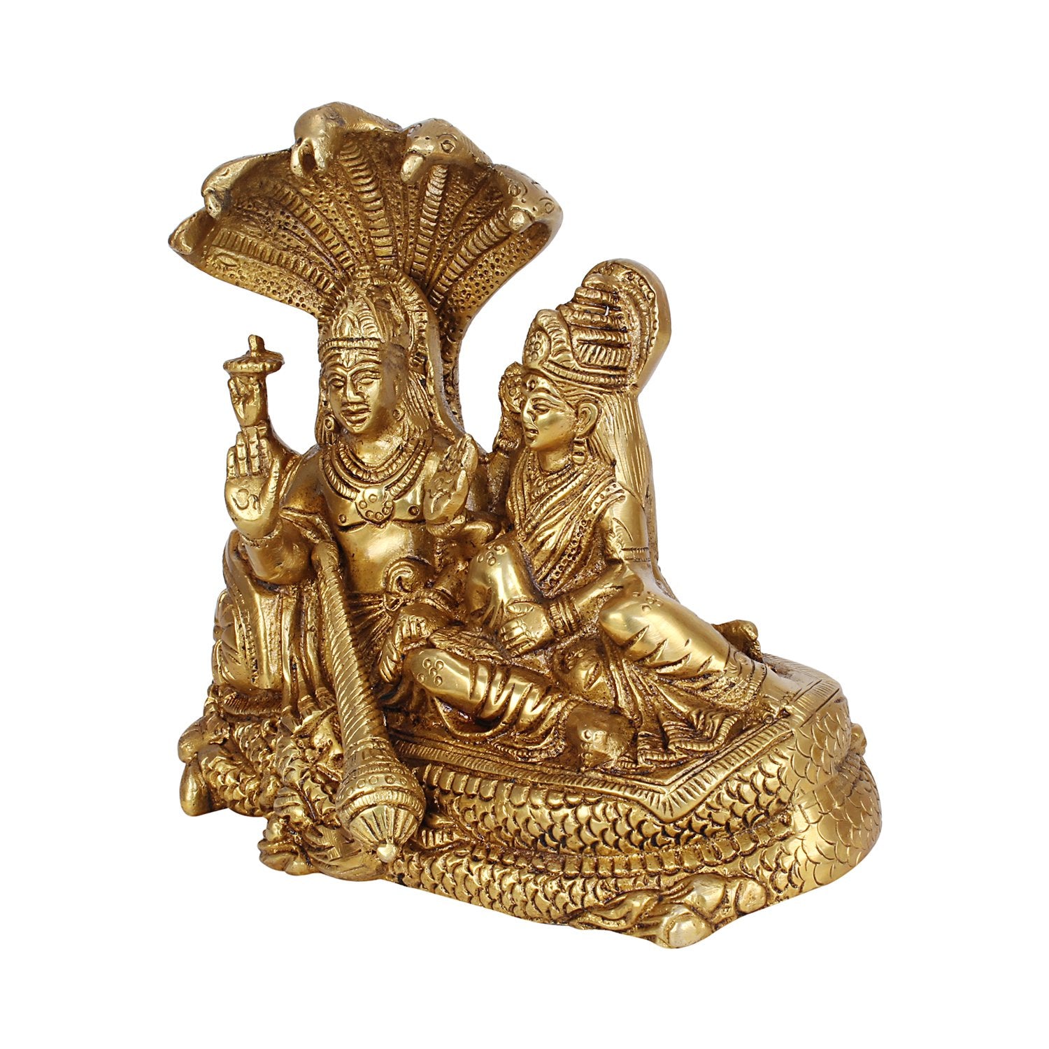 Brass Vishnu Laxmi Resting on Sheshnaag Lord Bhagwan Narayan Lakshmi Statue Idol Murti for Home Decor Mandir Pooja 7 Inch - SvarupArt