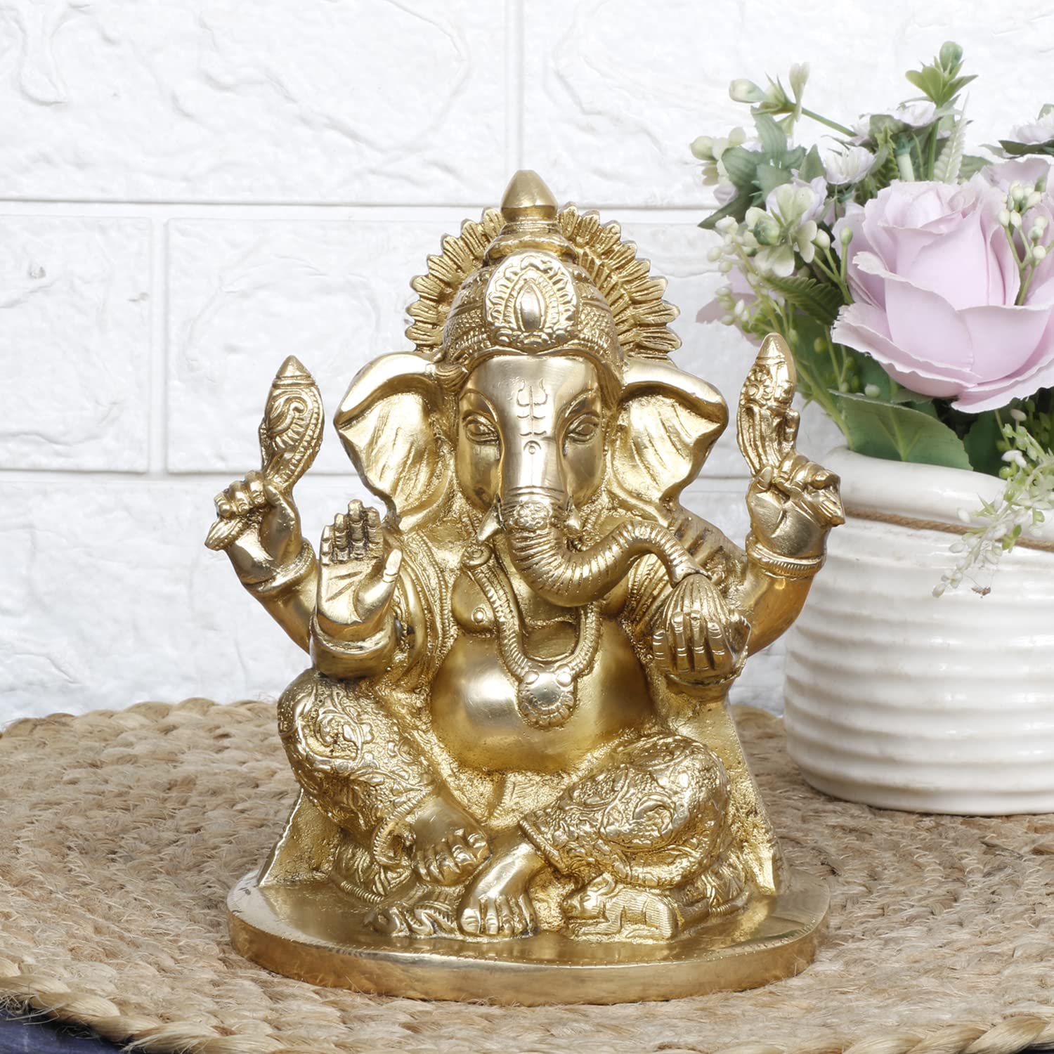 Brass Ganesh Bhagwan Idol Ganesha Statue Ganpati Murti for Home Entrance Decor Diwali Gift 7 Inch - SvarupArt