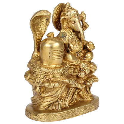 Brass Ganesh Ji with Shivling Ganesha with Shiva Shivling Ganpati Murti Idol Statue Sculpture 5" Inches - SvarupArt