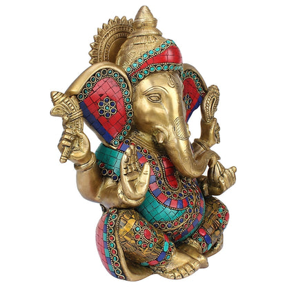Brass Ganesha Murti Big Ear Ganesh Idol Statue Figurine for Puja Decor Gift 11 Inch Multicolor
