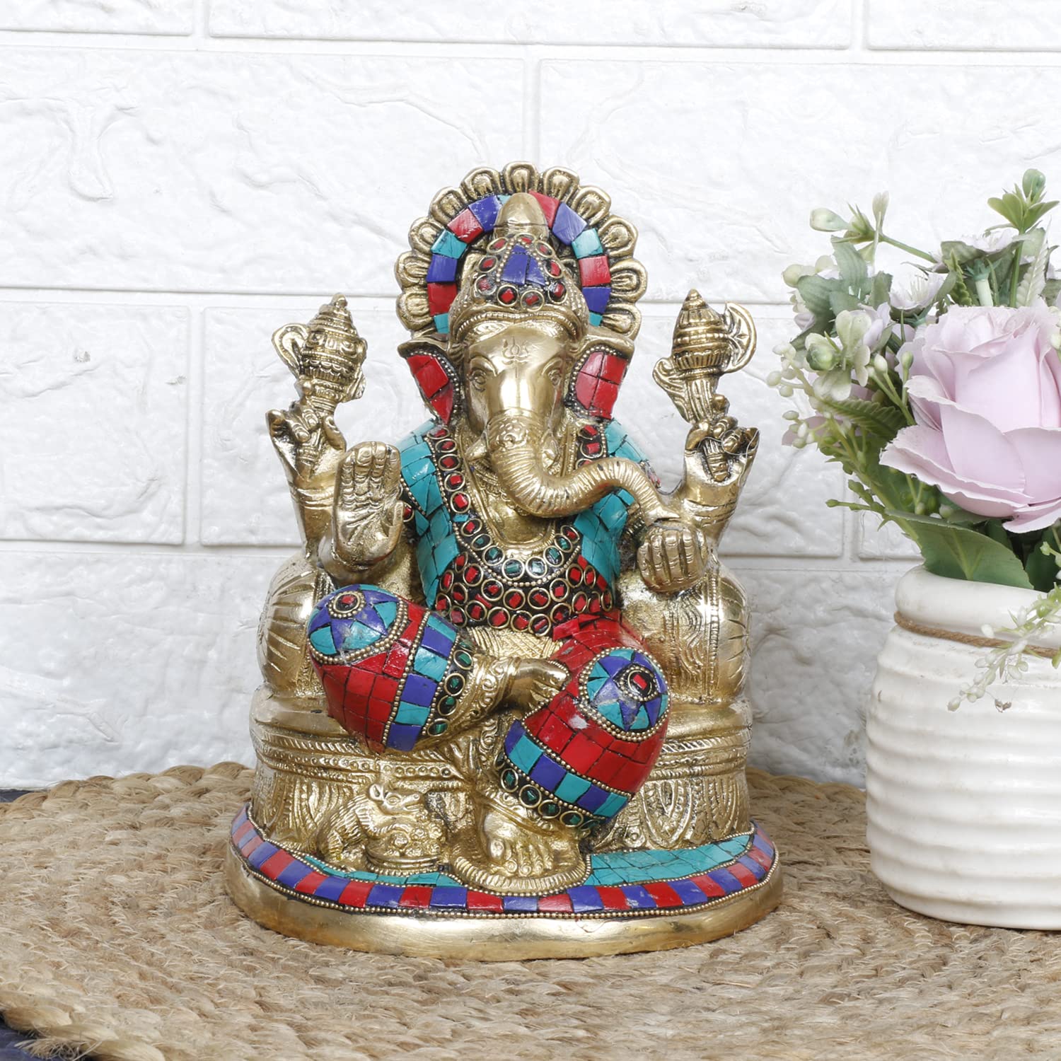 Brass Lord Ganesh Ganpati Sitting On Singhasana Ganesha Idol for Puja Home Decor Gift Height 8 inch - SvarupArt