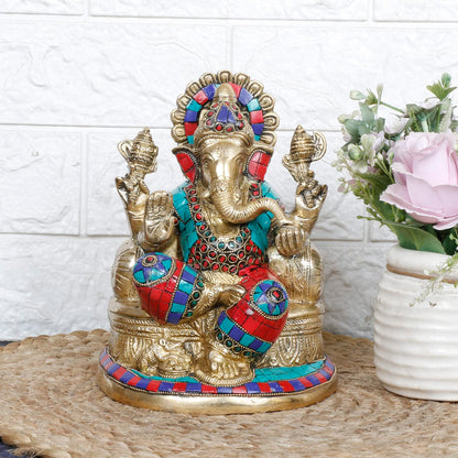 Brass Lord Ganesh Ganpati Sitting On Singhasana Ganesha Idol for Puja Home Decor Gift Height 8 inch - SvarupArt