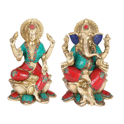 Brass Lakshmi Ganesha Sitting on Lotus Laxmi Ganesh Idol for Diwali Pooja Home Decor (Height 10 inch Multicolor) - SvarupArt