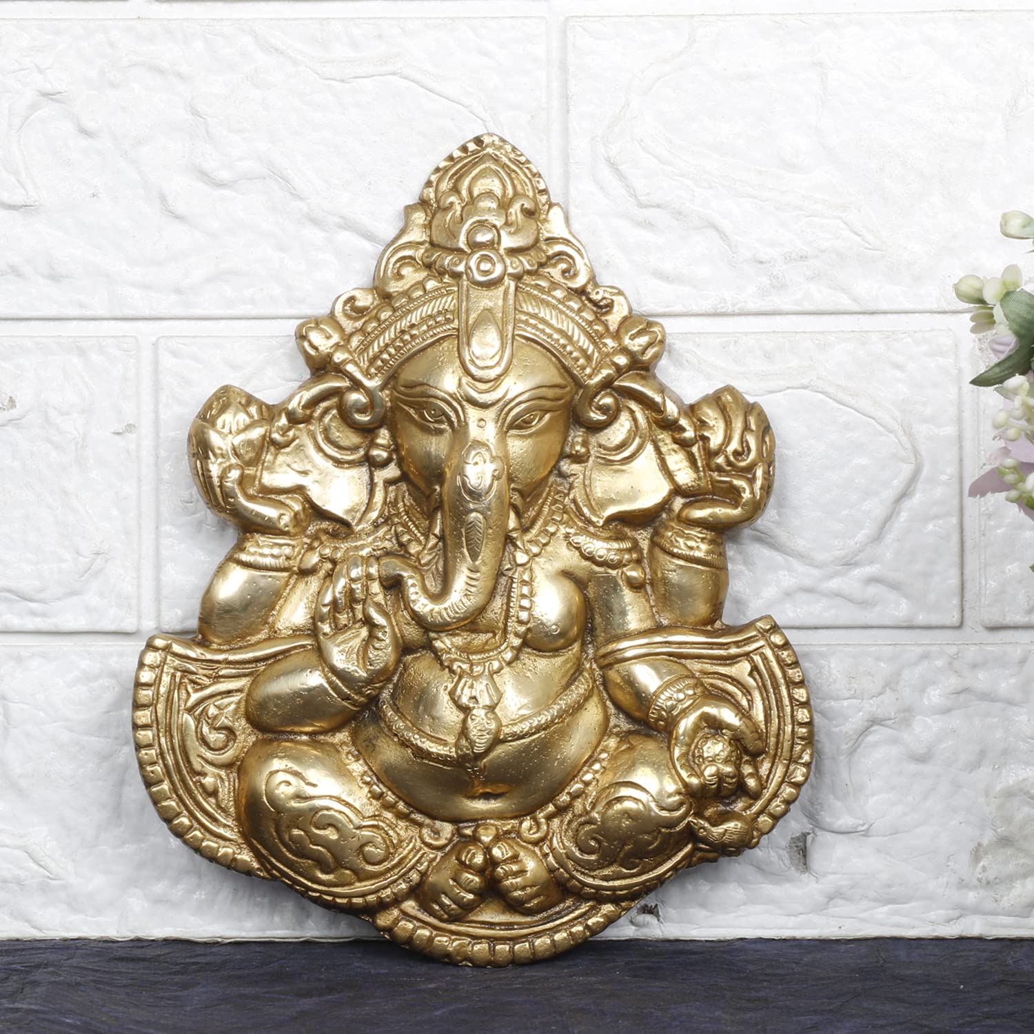 Brass Blessing Ganesha Idol Ganesh Statue Ganpati Wall Hanging Murti for Puja Home Entrance Decor Diwali Gift 8 Inch - SvarupArt