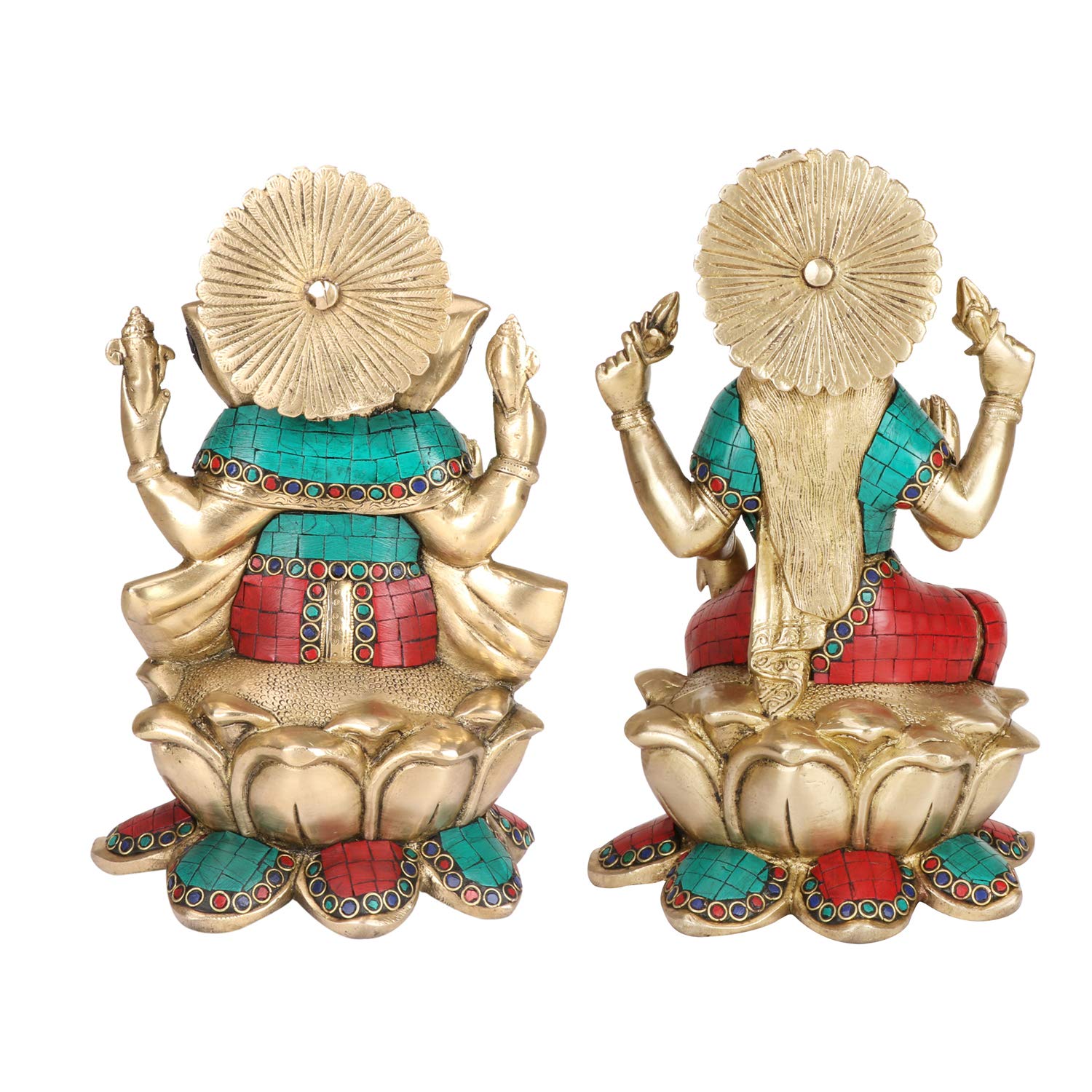 Brass Lakshmi Ganesha Sitting on Lotus Laxmi Ganesh Idol for Diwali Pooja Home Decor (Height 10 inch Multicolor) - SvarupArt