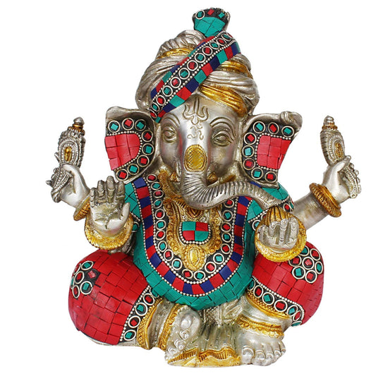 Brass Ganesha Idol for Home Decoration Ganpati Statue Murti for Gift Height 8 Inch Weight 3.5 Kg Color Multicolor - SvarupArt