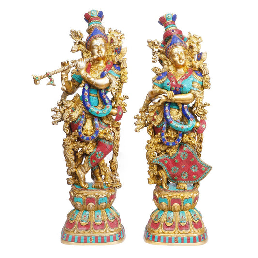 Brass Radha Krishna Murti Big Size Idol for Gift Height 29 Inch Weight 33 Kg Multicolor - SvarupArt