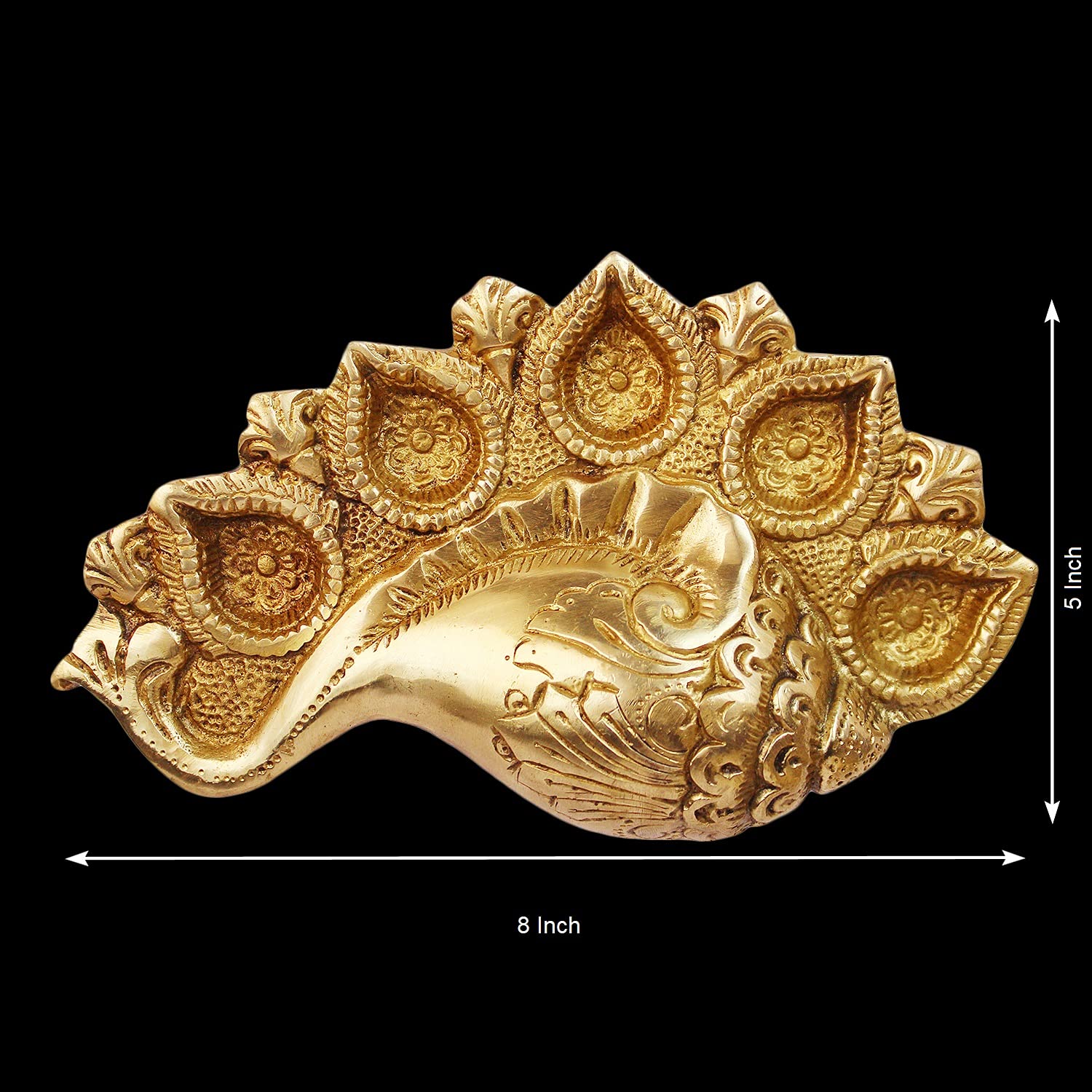 Gold Color Brass Ganesh-Conch Diya: Small Size with Five Lamps for Puja. - SvarupArt