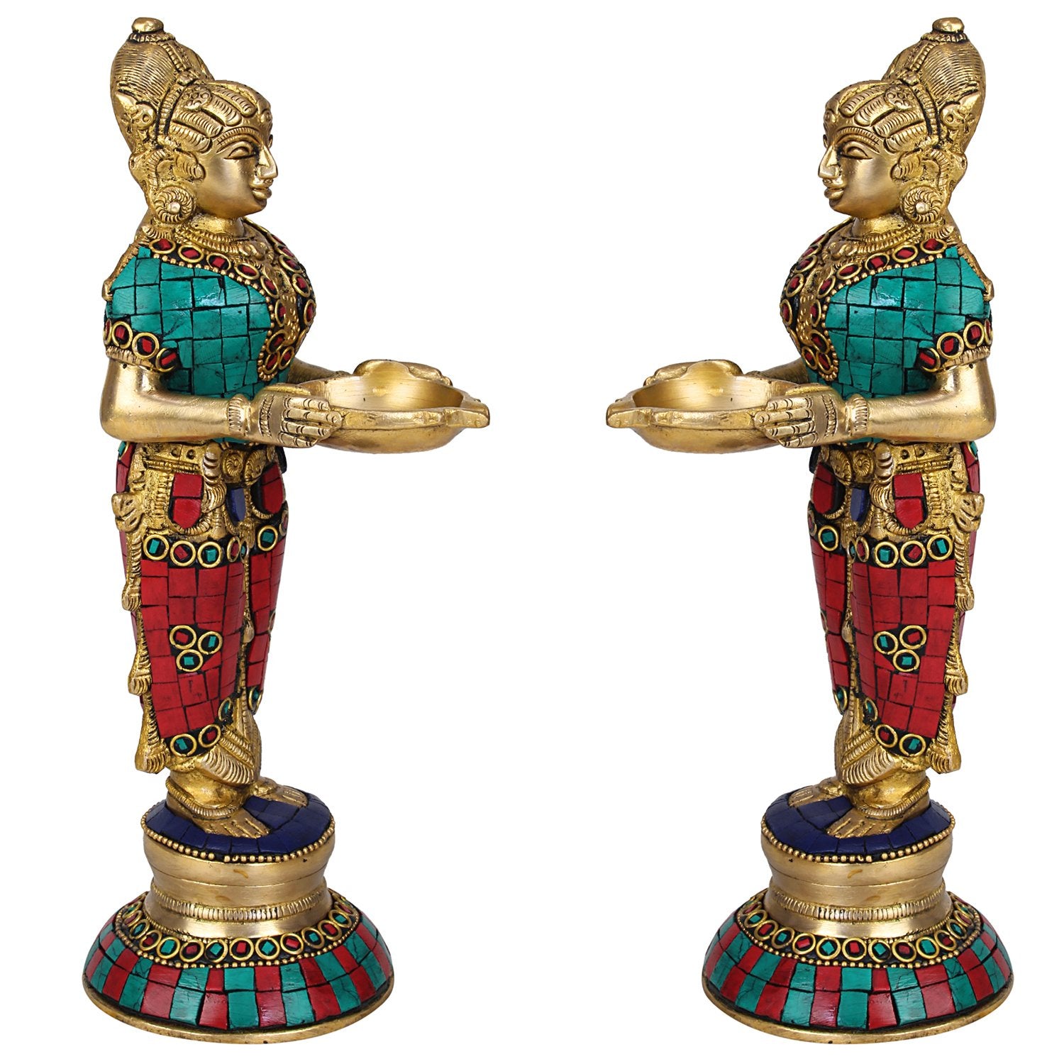 Brass Deep Lakshmi Idols Diya Lady Depa Laxmi Lady Standing with Lamps, Deeplakshmi, Deep Laxmi Set of 2 Multicolor - SvarupArt