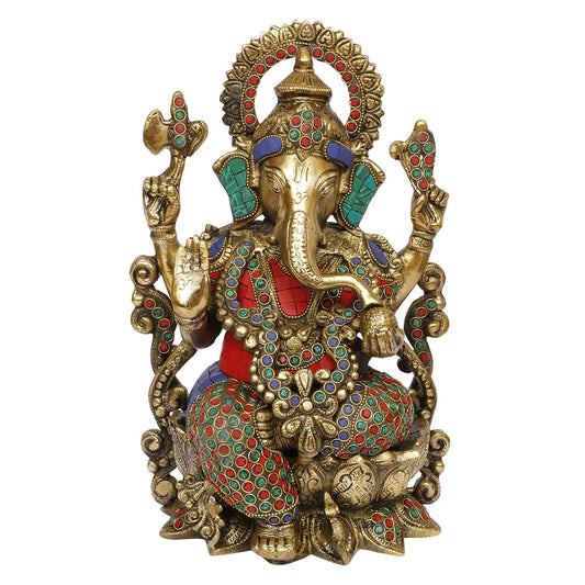 Brass Ganesha Idol On Lotus for Home Decoration Ganpati Statue Murti for Gift Height 12 Inch Weight 7 Kg Color Multicolor - SvarupArt