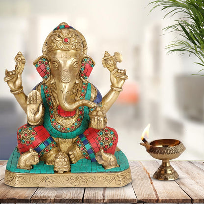 Brass Ganesha Idol for Home Decoration Ganpati Statue Murti for Gift Height 8.5 Inch Weight 4.7 Kg Color Multicolor - SvarupArt