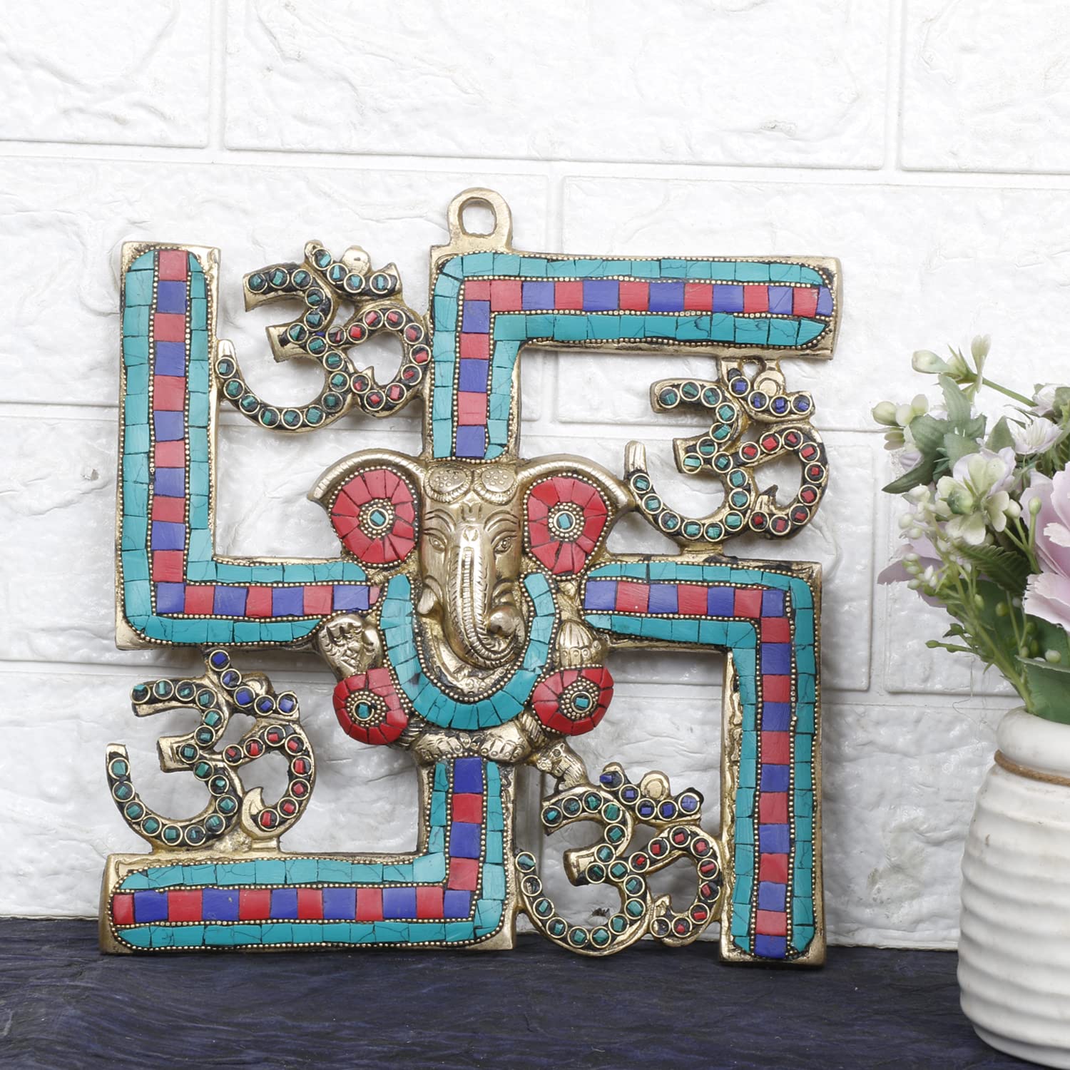 Brass Om Ganesha Swastika Wall Hanging, Brass Ganesh for Decor Entrance 8 Inch - SvarupArt