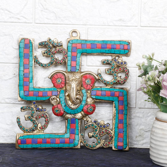 Brass Om Ganesha Swastika Wall Hanging, Brass Ganesh for Decor Entrance 8 Inch - SvarupArt