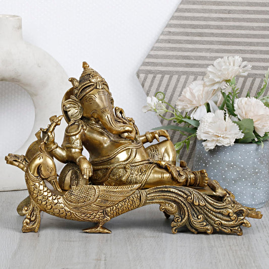Brass Ganesha Idol on Peacock Singhasan for Home Decoration Ganpati Statue Murti for Gift Height 7.5 Inch Weight 4.5 Kg - SvarupArt