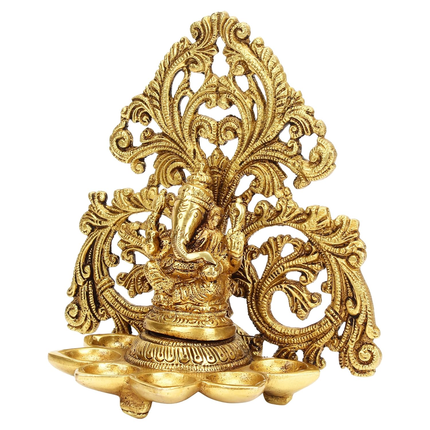 Brass Ganesha 5 Wicks Diya Wall Hanging Diya Lord Ganesh Oil Lamp Deepak Showpiece Decor Gift Diwali 6.5 Inch - SvarupArt
