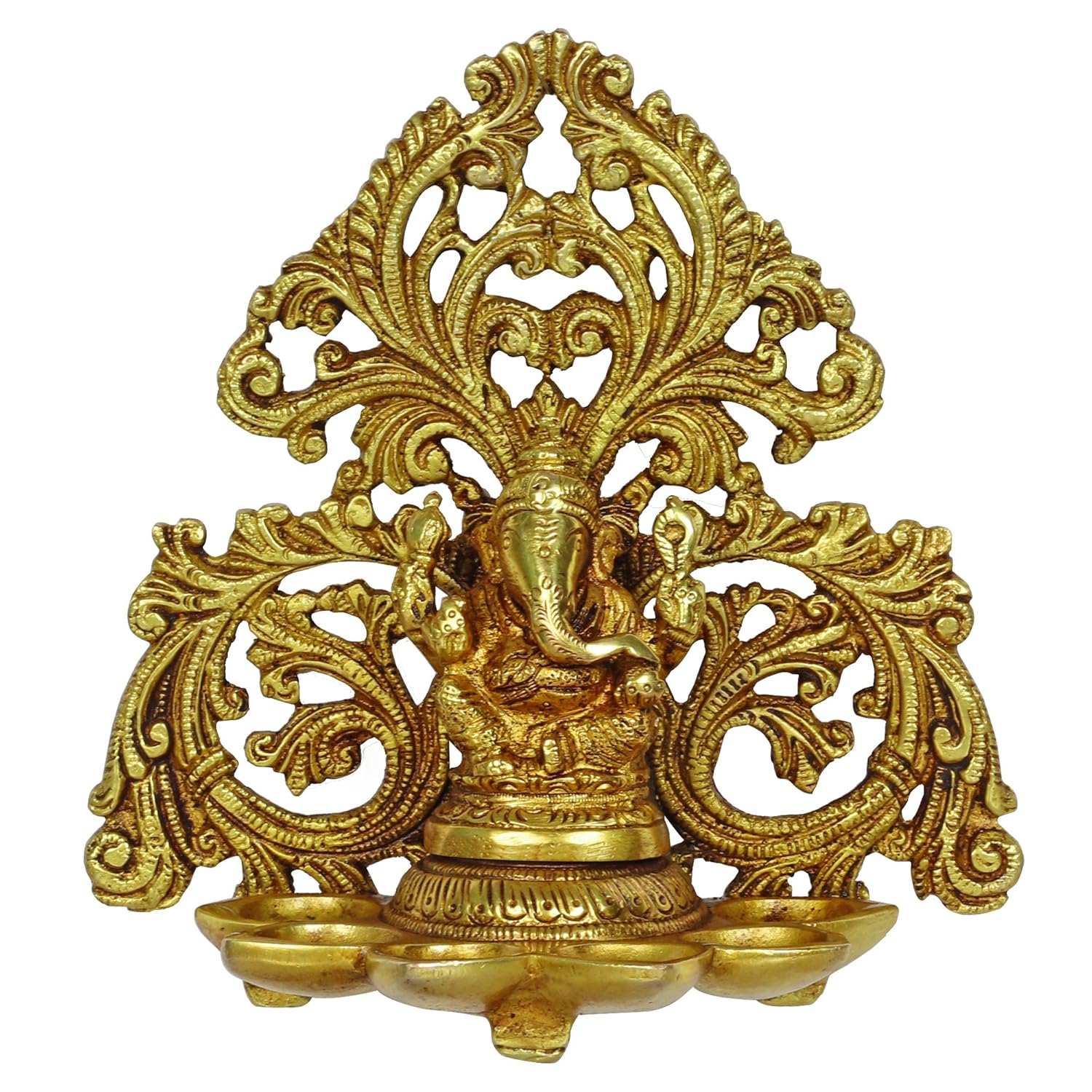 Brass Ganesha 5 Wicks Diya Wall Hanging Diya Lord Ganesh Oil Lamp Deepak Showpiece Decor Gift Diwali 6.5 Inch - SvarupArt