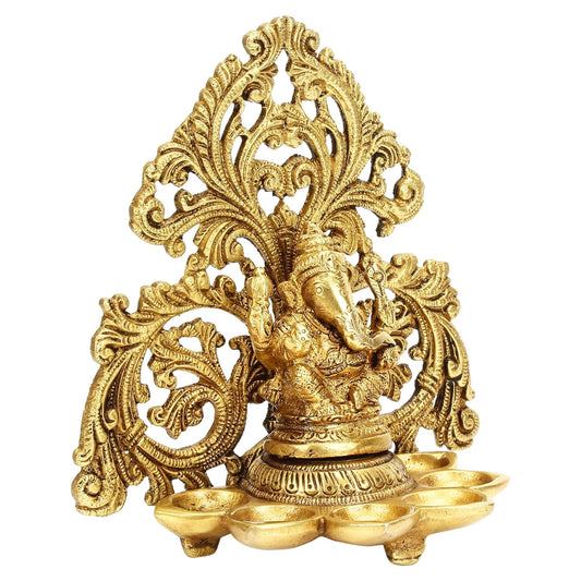 Brass Ganesha 5 Wicks Diya Wall Hanging Diya Lord Ganesh Oil Lamp Deepak Showpiece Decor Gift Diwali 6.5 Inch - SvarupArt