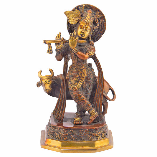 Brass Krishna Bhagwan Idol with Gau Mata in Bronze Color Height 5.5 Inch - SvarupArt