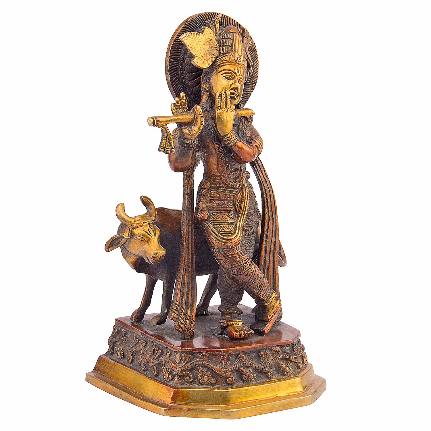 Brass Krishna Bhagwan Idol with Gau Mata in Bronze Color Height 5.5 Inch - SvarupArt