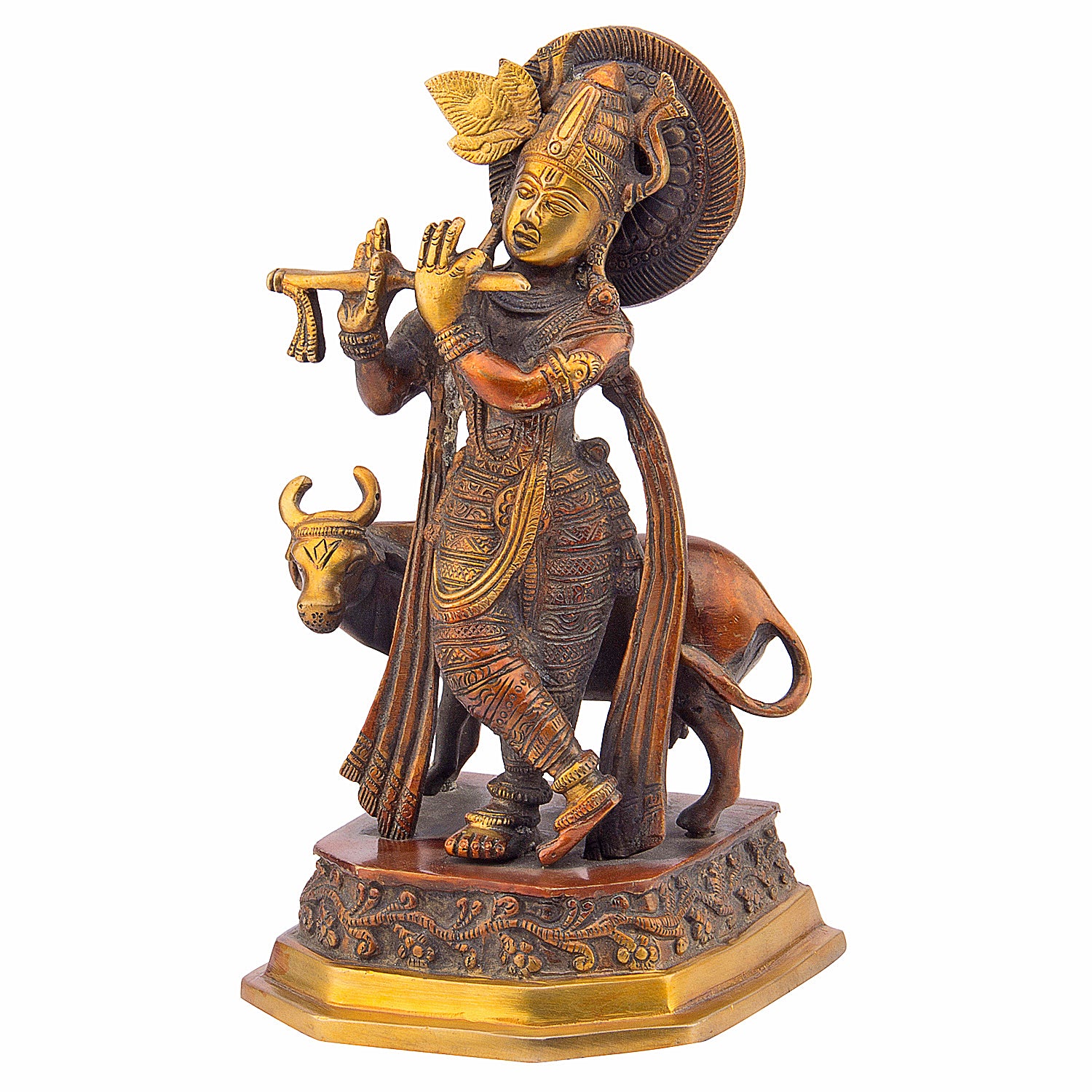 Brass Krishna Bhagwan Idol with Gau Mata in Bronze Color Height 5.5 Inch - SvarupArt