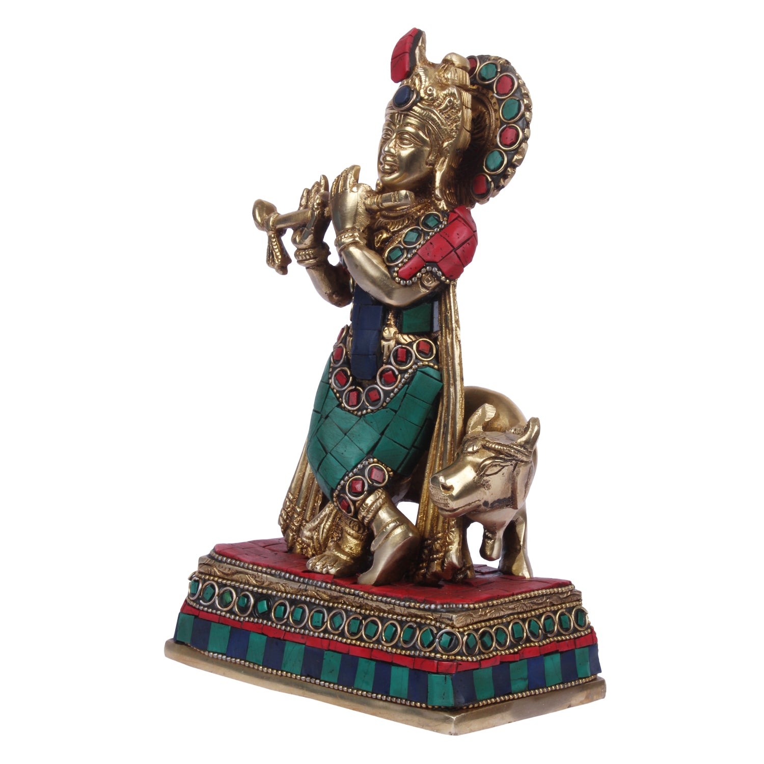 Brass Krishna Bhagwan with Gau Mata in Multi Color Height 8 Inch - SvarupArt
