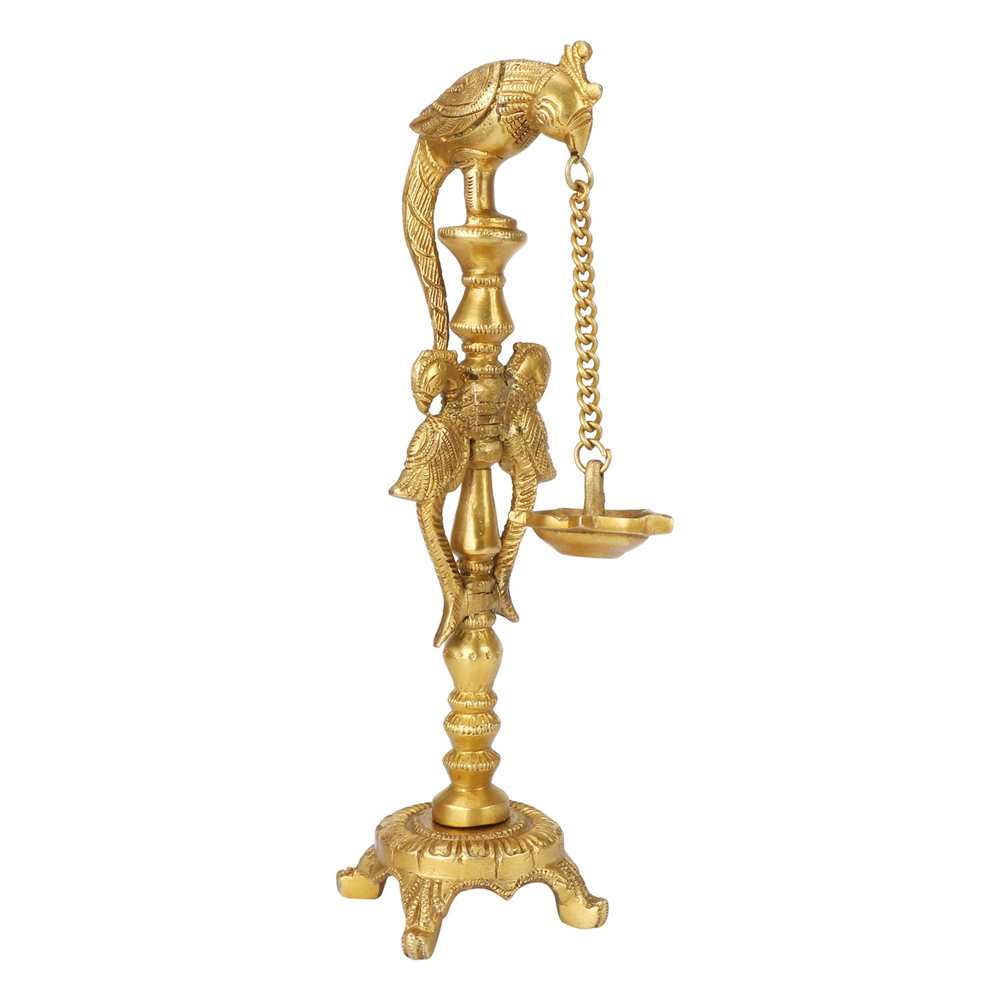 11.5 Inch Brass Diya with Chain Hanging from Peacock Beak: Traditional Oil Diya with Base, Suitable for Home Decor - SvarupArt