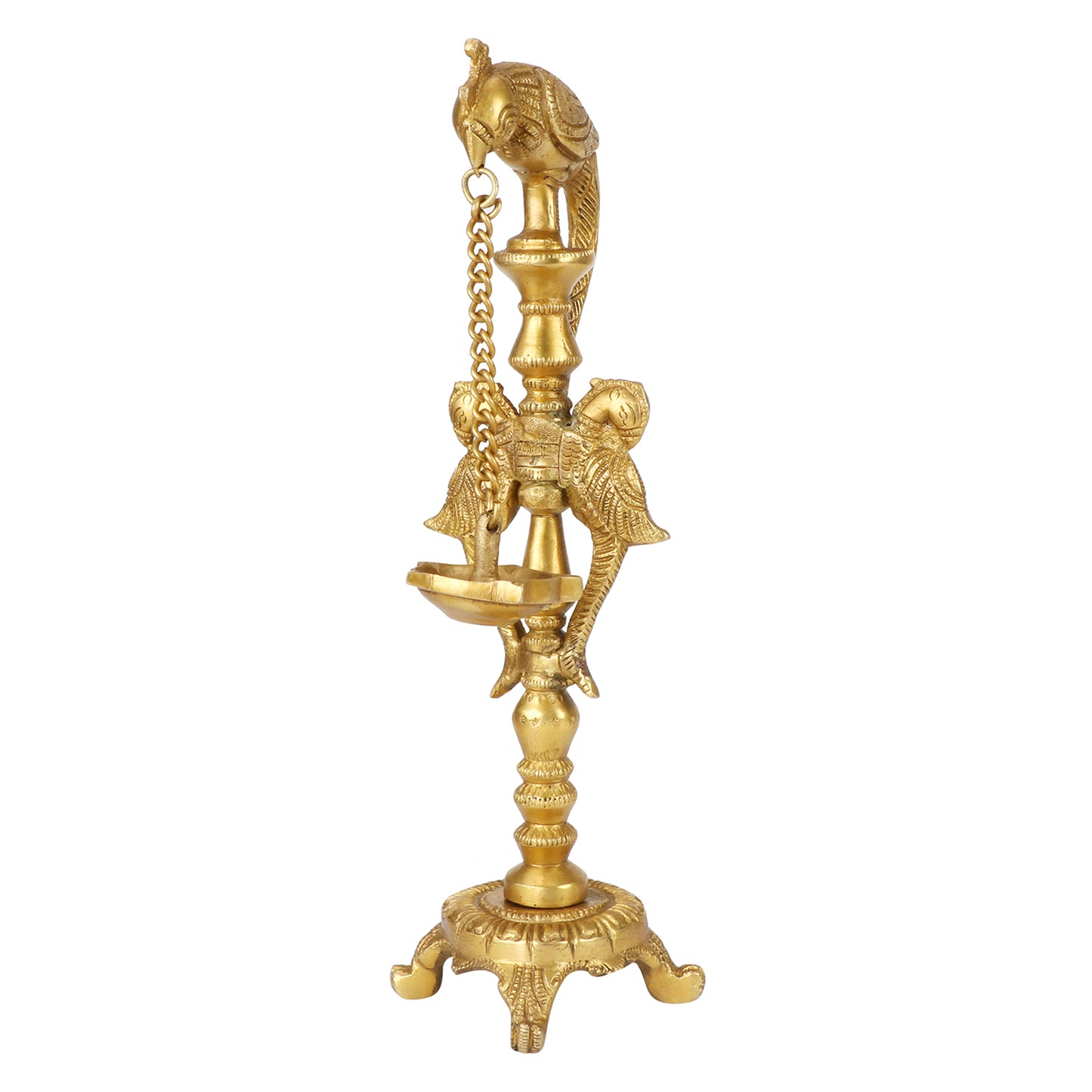 11.5 Inch Brass Diya with Chain Hanging from Peacock Beak: Traditional Oil Diya with Base, Suitable for Home Decor - SvarupArt