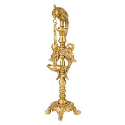 11.5 Inch Brass Diya with Chain Hanging from Peacock Beak: Traditional Oil Diya with Base, Suitable for Home Decor - SvarupArt