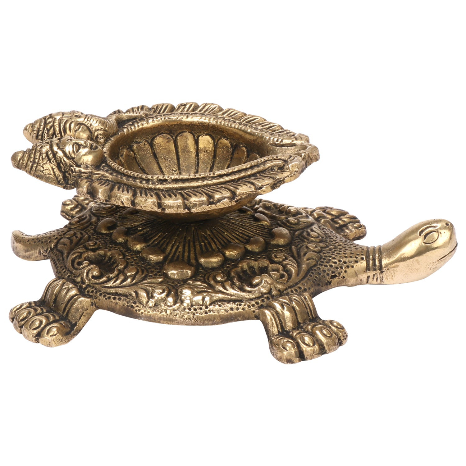 6 Inch Gold Color Brass Diya Tortoise with Laxmi Ganesh: Vastu Kachua Designer Deepak Deepam, Home Decor - SvarupArt
