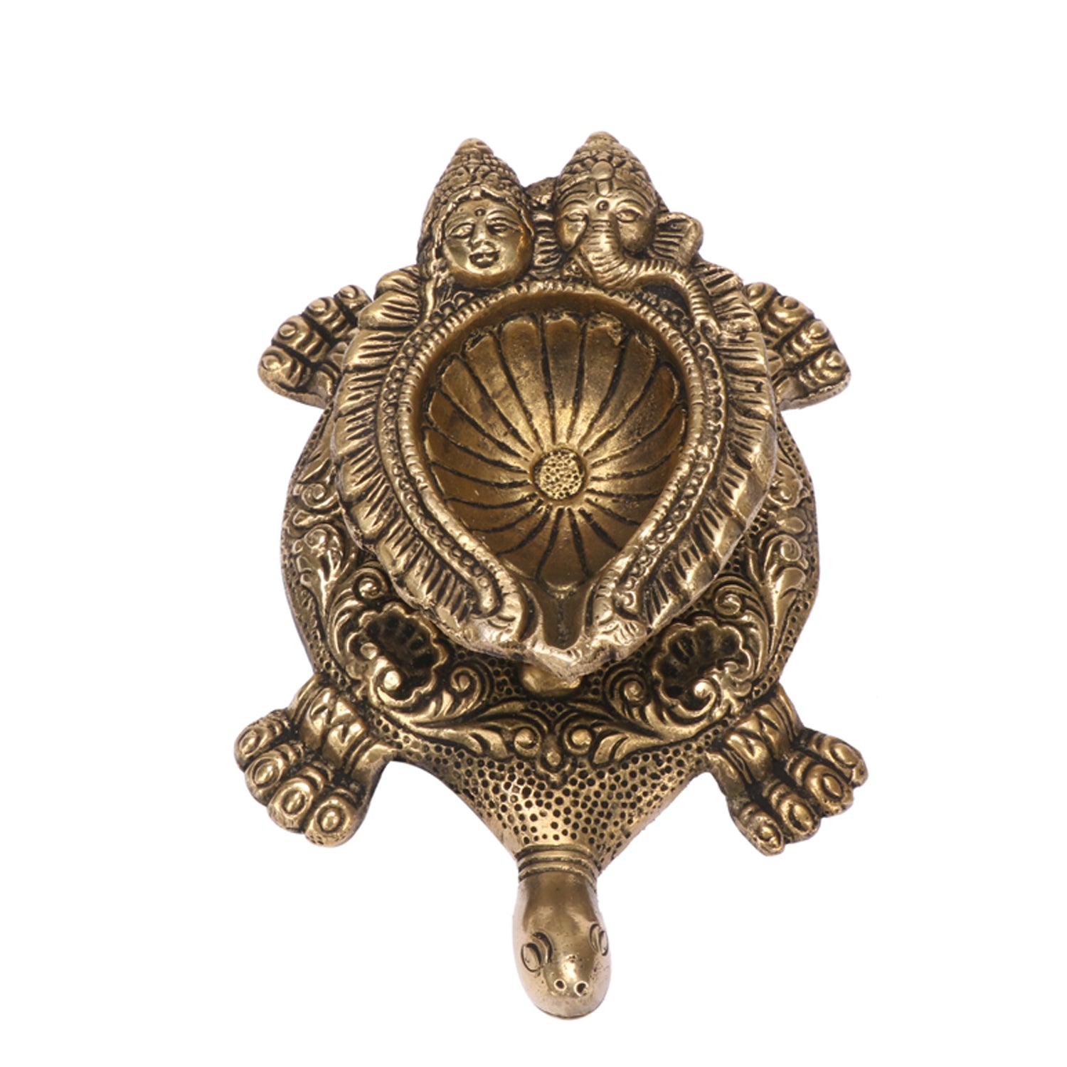 6 Inch Gold Color Brass Diya Tortoise with Laxmi Ganesh: Vastu Kachua Designer Deepak Deepam, Home Decor - SvarupArt