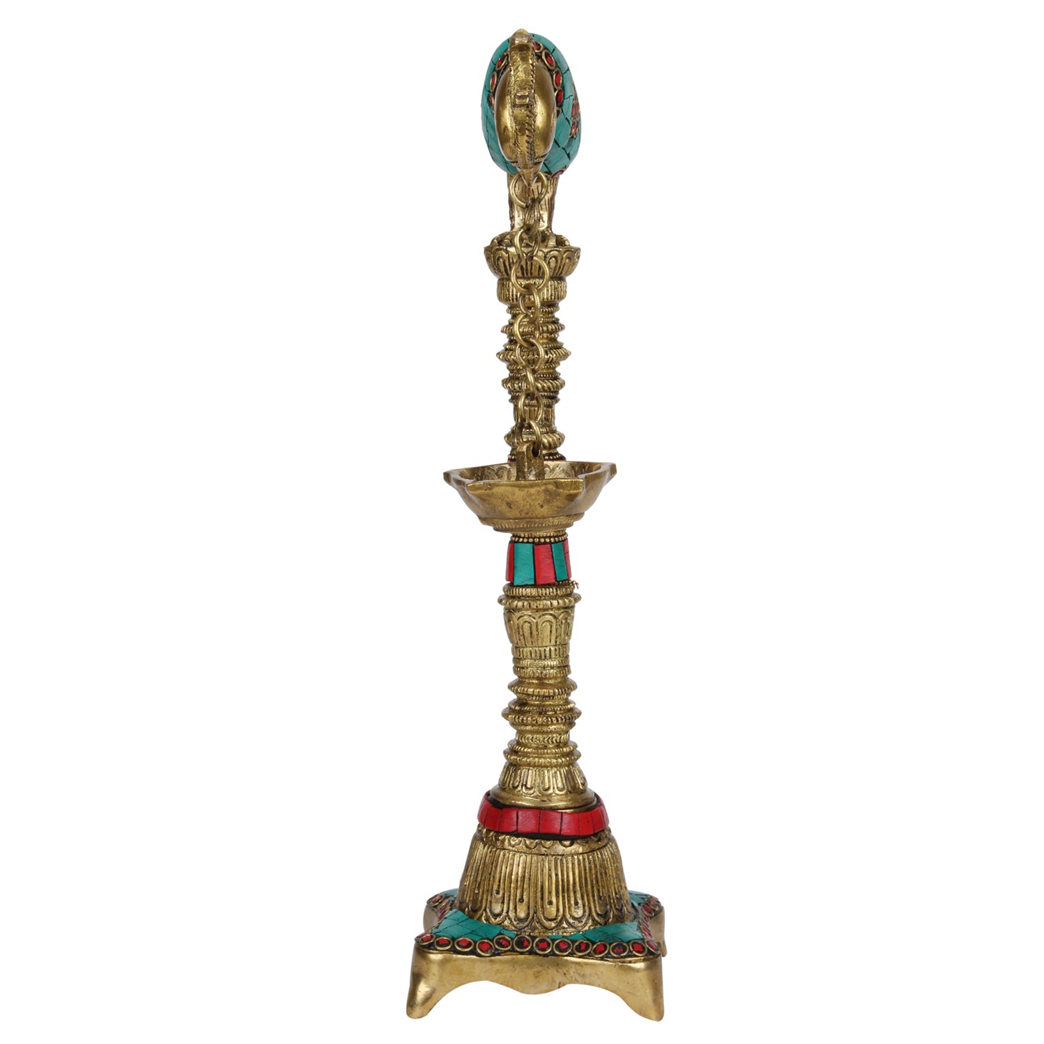1-Foot High Brass Parrot Diya with Colored Stone: Ideal for Puja Room & Feng Shui Gift - SvarupArt