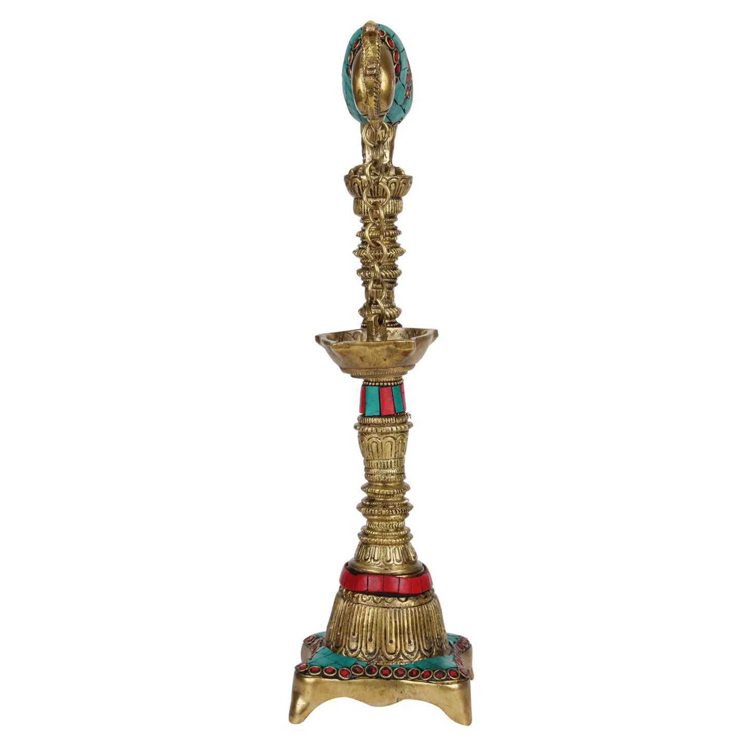 1-Foot High Brass Parrot Diya with Colored Stone: Ideal for Puja Room & Feng Shui Gift - SvarupArt