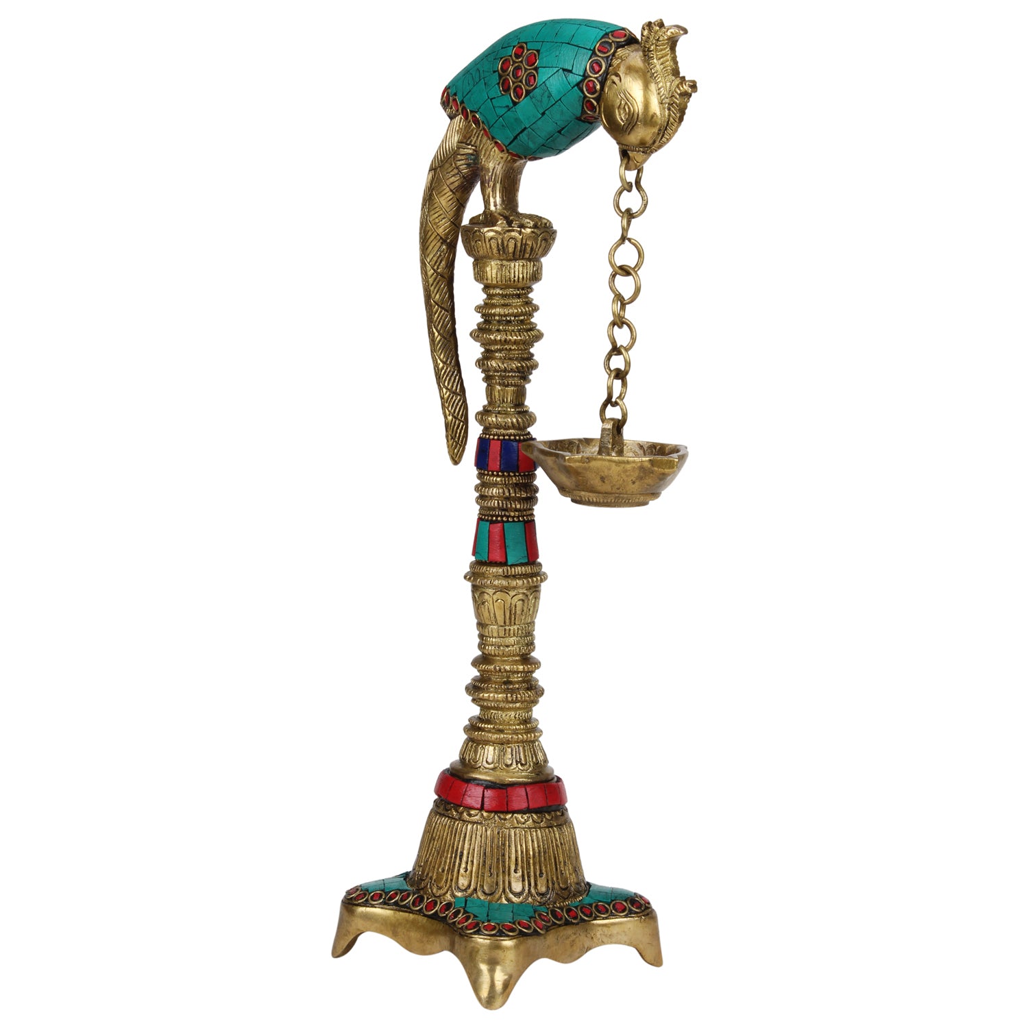 1-Foot High Brass Parrot Diya with Colored Stone: Ideal for Puja Room & Feng Shui Gift - SvarupArt