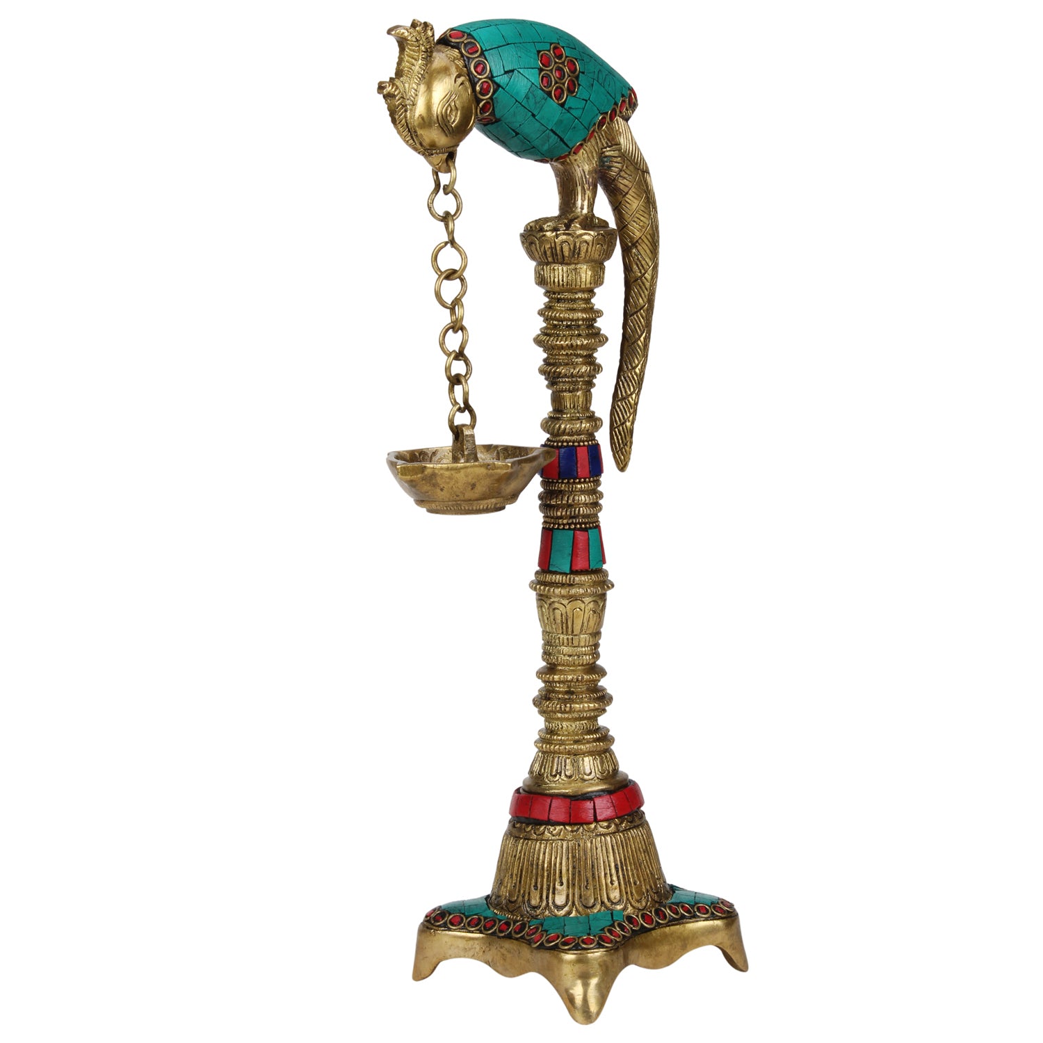 1-Foot High Brass Parrot Diya with Colored Stone: Ideal for Puja Room & Feng Shui Gift - SvarupArt