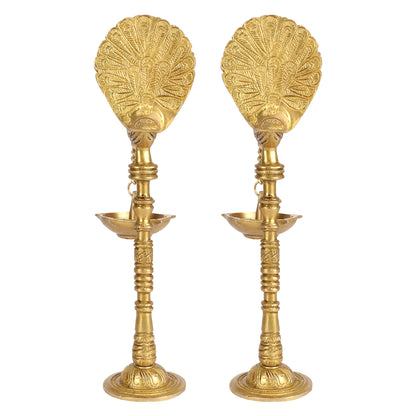 Brass Peacock Diya Set: Home Decor, Pooja, Diwali Gift, Gold Color Color, Multicolor Stones - SvarupArt