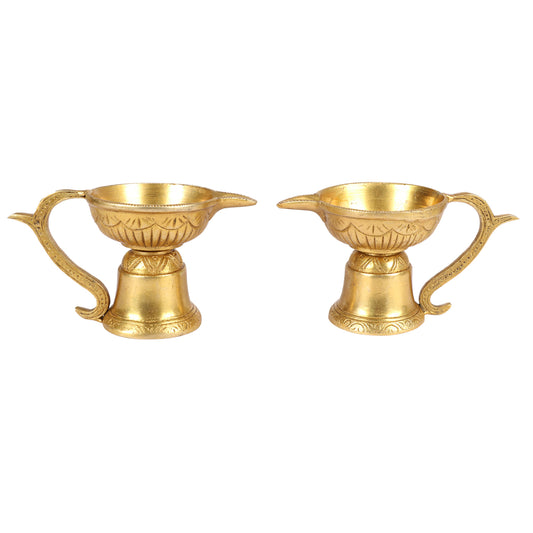 Gold Color Brass Om Diya with Handle (2pcs): For Pooja, Camphor Burn & Table Mandir Decor. Handheld. - SvarupArt