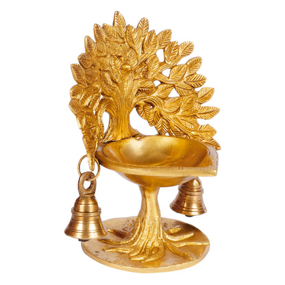7 Inch Gold Color Brass Diya with Kalpavriksha Tree and Bells: Perfect for Tabletop Home Decor, Diwali Pooja, Decoration