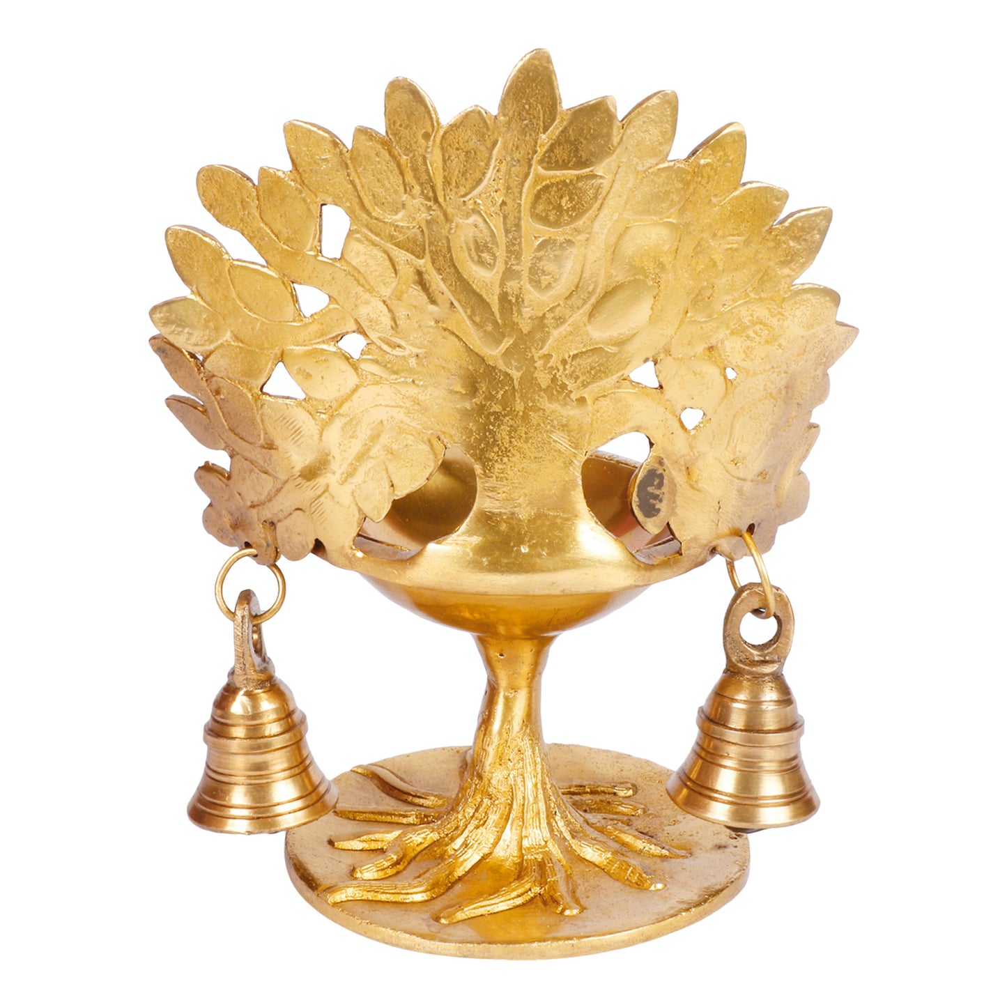7 Inch Gold Color Brass Diya with Kalpavriksha Tree and Bells: Perfect for Tabletop Home Decor, Diwali Pooja, Decoration