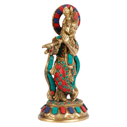 SVARUP Brass Gemstone Work Krishna Playing on Flute Sculpture Multicolor Standard, Pack of 1 Height 8.5 Inch - SvarupArt