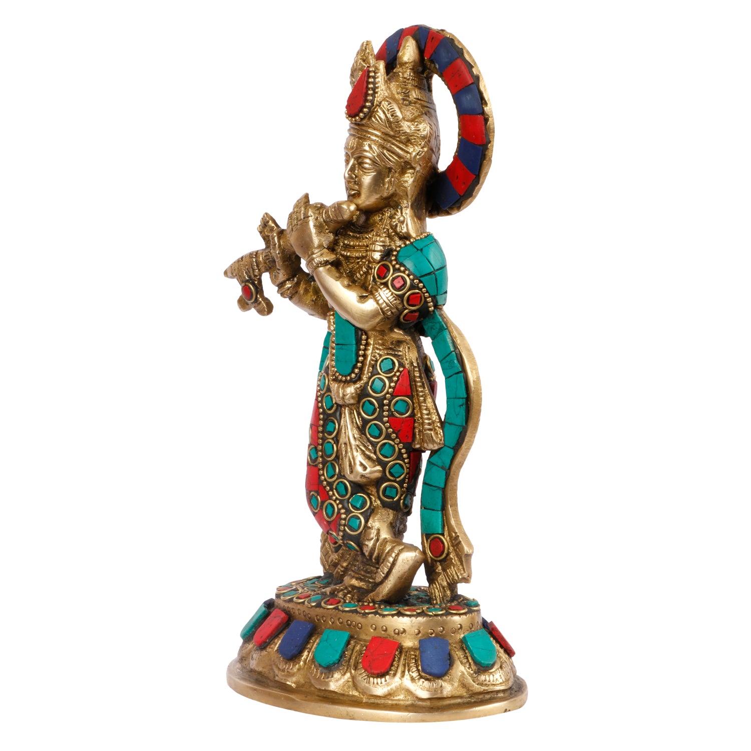 SVARUP Brass Gemstone Work Krishna Playing on Flute Sculpture Multicolor Standard, Pack of 1 Height 8.5 Inch - SvarupArt