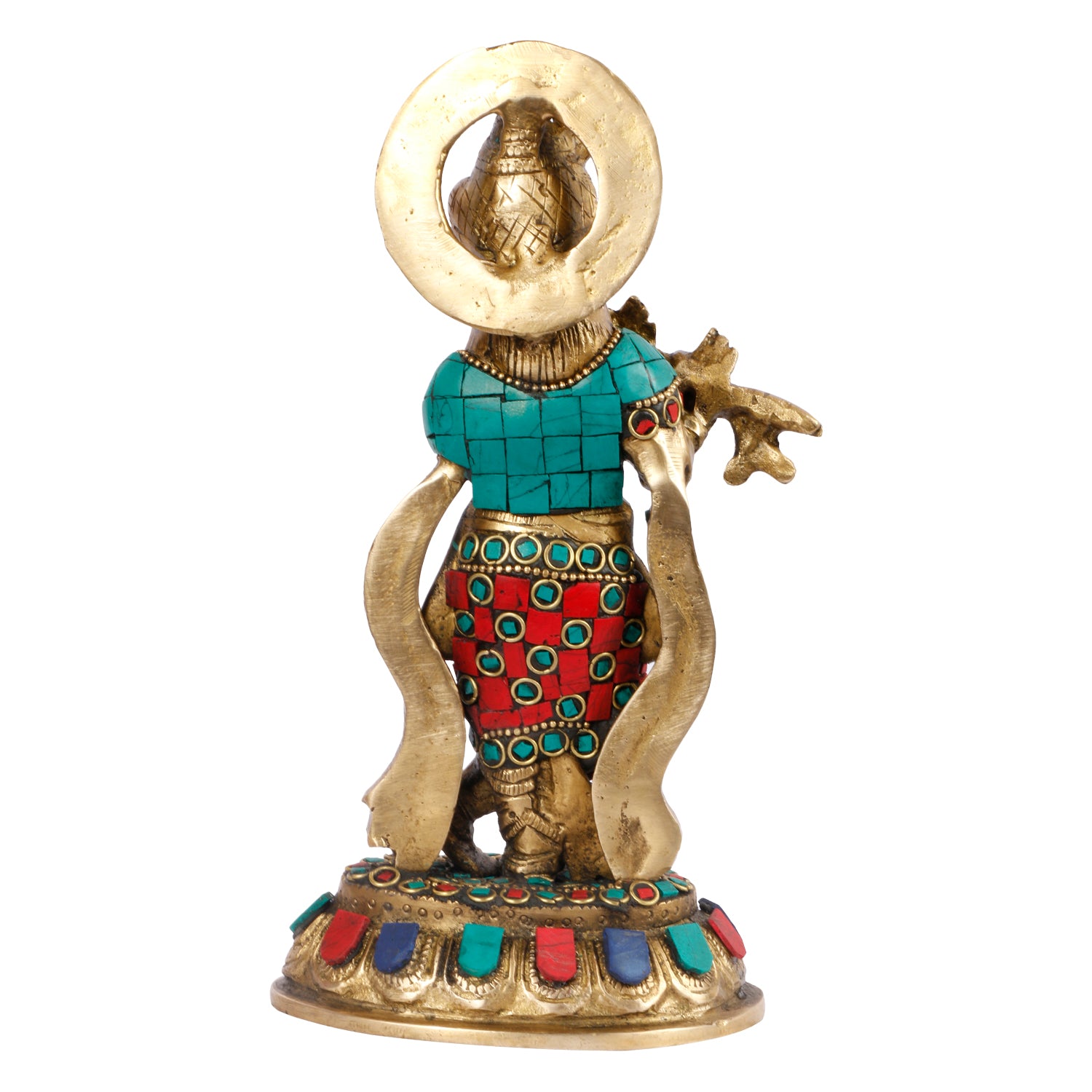 SVARUP Brass Gemstone Work Krishna Playing on Flute Sculpture Multicolor Standard, Pack of 1 Height 8.5 Inch - SvarupArt