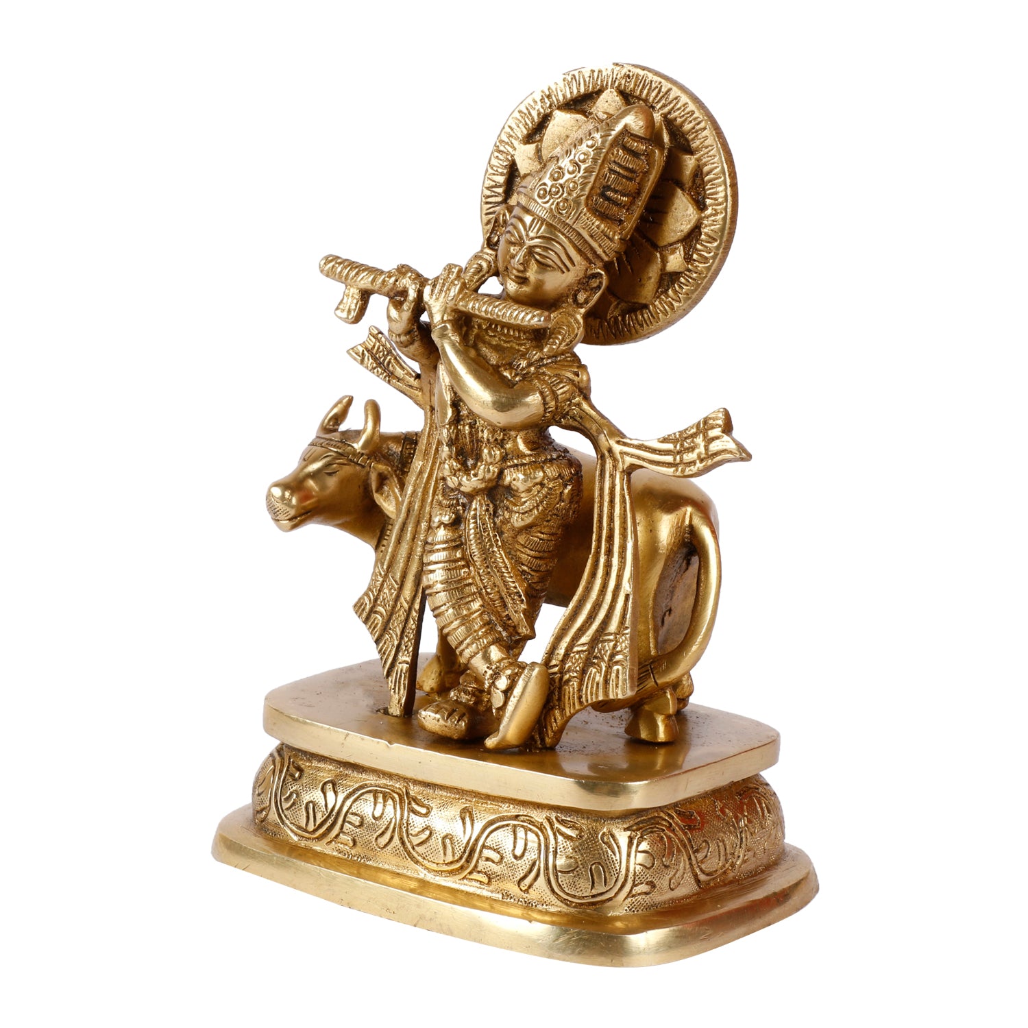 Brass Krishna Bhagwan Idol with Gau Mata in Gold Color Height 6.5 Inch - SvarupArt