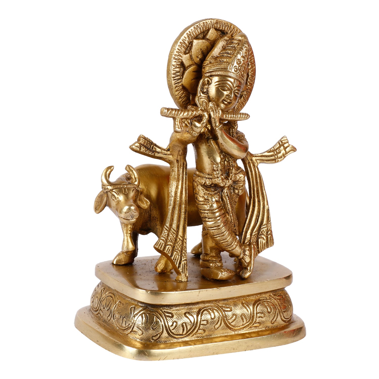 Brass Krishna Bhagwan Idol with Gau Mata in Gold Color Height 6.5 Inch - SvarupArt
