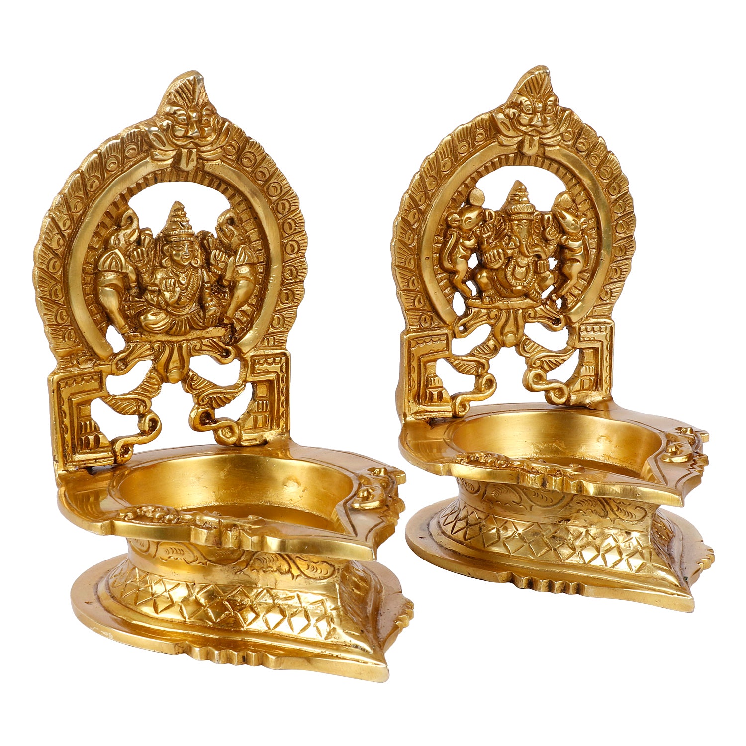 Set of 2 Gold Color Brass Laxmi Ganesh Oil Diyas: Perfect for Puja, Aarti, Camphor Burning, and Table Stand - SvarupArt