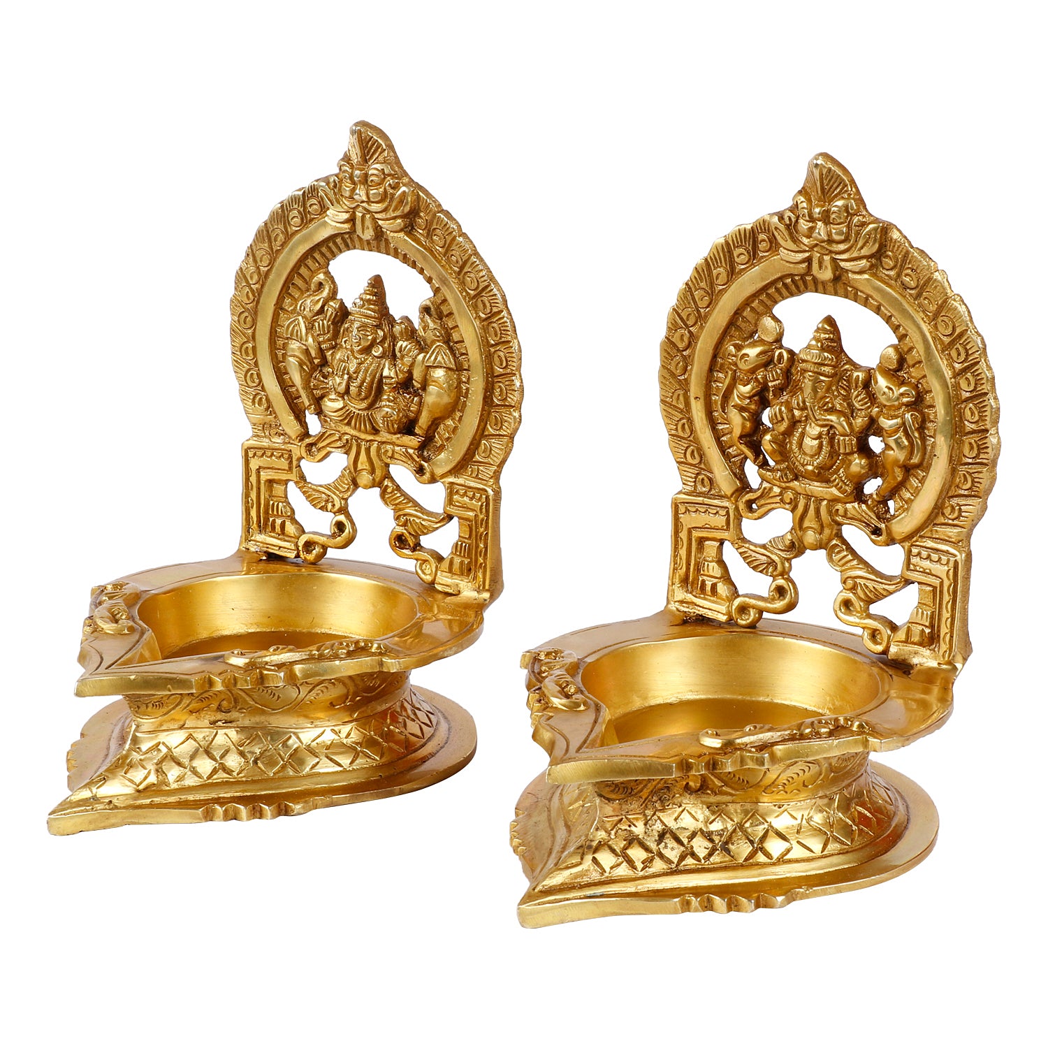 Set of 2 Gold Color Brass Laxmi Ganesh Oil Diyas: Perfect for Puja, Aarti, Camphor Burning, and Table Stand - SvarupArt
