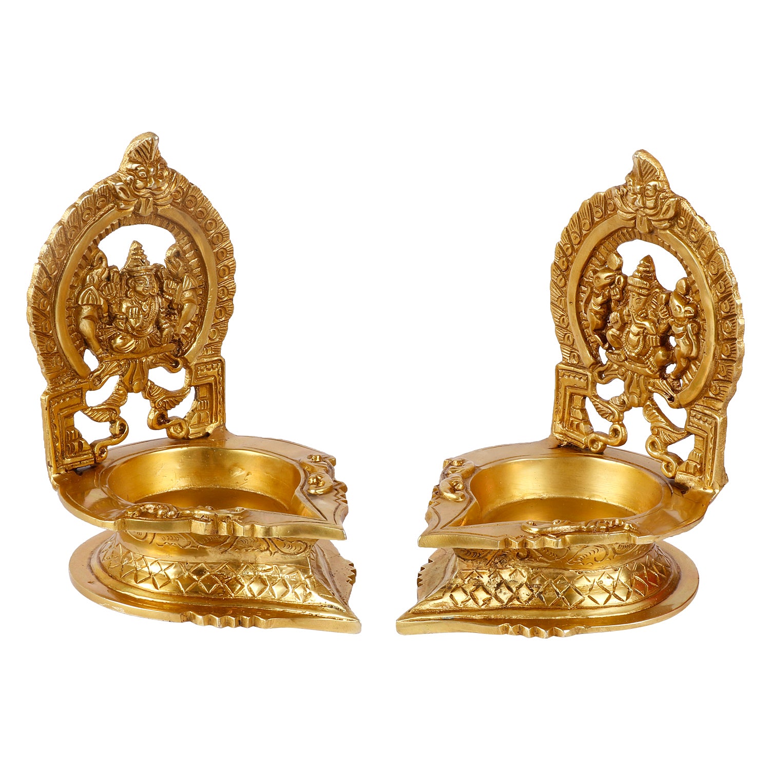 Set of 2 Gold Color Brass Laxmi Ganesh Oil Diyas: Perfect for Puja, Aarti, Camphor Burning, and Table Stand - SvarupArt