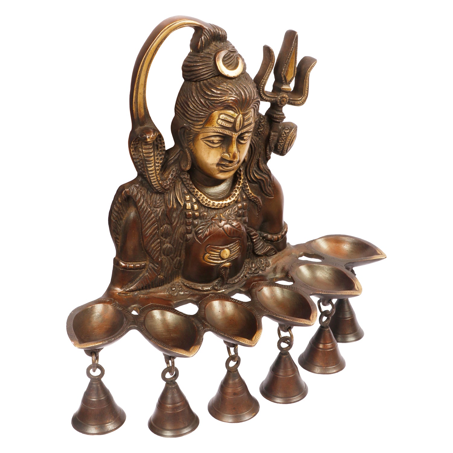 12 Inch Brass Shiva Statue with Diyas and Bells: Antique Bronze Decor - SvarupArt